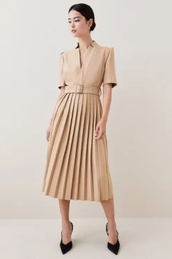 Best Pirce 🎉 Karen Millen Structured Crepe Forever Pleat Belted Midi 👗 Dress 😍 -OCCASION DRESSES Sale2023 womens ivory structured crepe forever pleat belted midi dress 3