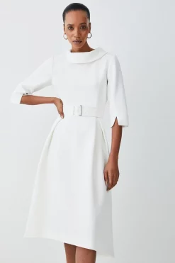 Deals 🌟 Karen Millen Structured Crepe Roll Neck Dip Hem Midi 👗 Dress 👍 -OCCASION DRESSES Sale2023 womens ivory structured crepe roll neck dip hem midi dress
