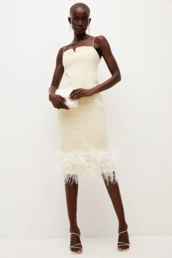 Deals 👍 Karen Millen Tweed Chain Strap Feather Hem Midi 👗 Dress 🔔 -OCCASION DRESSES Sale2023 womens lemon tweed chain strap feather hem midi dress
