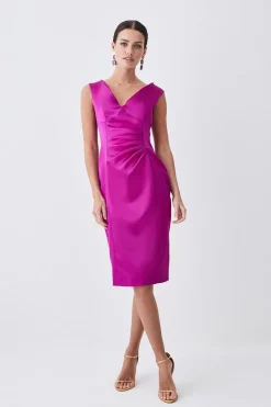 Promo 🔥 Karen Millen Petite Italian Structured Satin Off The Shoulder Pencil Midi 👗 Dress ✔️ -OCCASION DRESSES Sale2023 womens magenta petite italian structured satin off the shoulder pencil midi dress