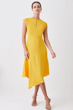 Best deal 😀 Karen Millen Petite Soft Tailored Key Hole Cap Sleeve High Low 👗 Dress 🔥 -OCCASION DRESSES Sale2023 womens marigold petite soft tailored key hole cap sleeve high low dress