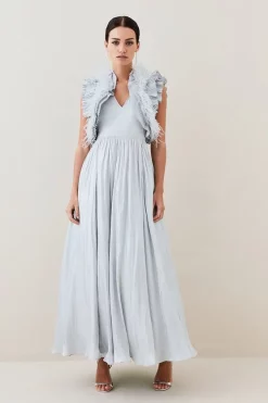 Flash Sale 🛒 Karen Millen Lydia Millen Petite Metallic Feather Ruffle Woven Maxi 👗 Dress 🤩 -OCCASION DRESSES Sale2023 womens metallic20silver lydia millen petite metallic feather ruffle woven maxi dress