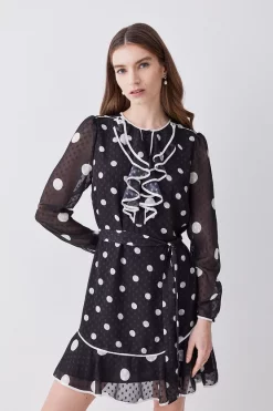 Wholesale 🎉 Karen Millen Mono Mixed Dot Piped Ruffle Belted Mini 👗 Dress 👍 -OCCASION DRESSES Sale2023 womens mono mono mixed dot piped ruffle belted mini dress