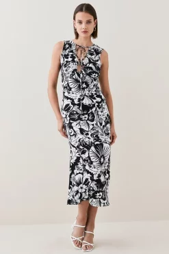 Outlet 🎁 Karen Millen Scarf Print Viscose Strong Shoulder 👗 Dress 😍 -OCCASION DRESSES Sale2023 womens mono scarf print viscose strong shoulder dress