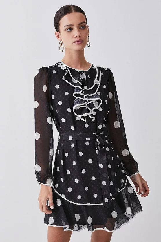 Buy 😀 Karen Millen Tall Mono Mixed Dot Piped Ruffle Belted Mini 👗 Dress 🥰 5 Buy 😀 Karen Millen Tall Mono Mixed Dot Piped Ruffle Belted Mini 👗 Dress 🥰 - Image 4