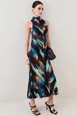 New 👏 Karen Millen Petite Marble Viscose Satin High Neck Maxi 👗 Dress 🔥 -OCCASION DRESSES Sale2023 womens multi petite marble viscose satin high neck maxi dress