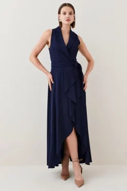 Best Sale 🧨 Karen Millen Tailored Halter Collared Belt Maxi 👗 Dress 🔔 -OCCASION DRESSES Sale2023 womens navy tailored halter collared belt maxi dress