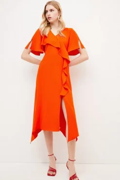 Flash Sale 👍 Karen Millen Soft Tailored Ruffle Detail Midi 👗 Dress 🌟 -OCCASION DRESSES Sale2023 womens orange soft tailored ruffle detail midi dress