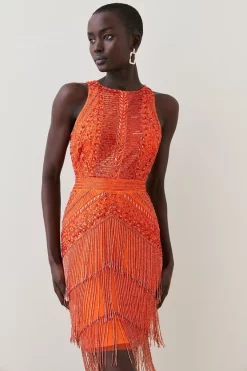 Discount 👏 Karen Millen Tall Embellished Halter Fringed Mini 👗 Dress 🌟 -OCCASION DRESSES Sale2023 womens orange tall embellished halter fringed mini dress