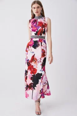 Best deal 😉 Karen Millen Diamante Trim Floral Woven Maxi 👗 Dress 🎁 -OCCASION DRESSES Sale2023 womens pink diamante trim floral woven maxi dress