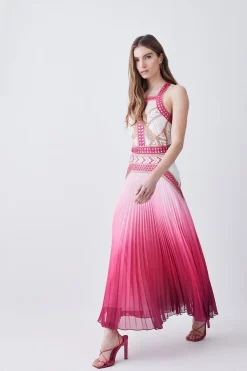 Buy 🎉 Karen Millen Geo Guipure Metallic Woven Pleat Midi 🛒 -OCCASION DRESSES Sale2023 womens pink geo guipure metallic woven pleat midi