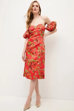 Coupon ⭐ Karen Millen Italian Signature Stretch Rose Print Bardot Midi 👗 Dress 💯 -OCCASION DRESSES Sale2023 womens pink italian signature stretch rose print bardot midi dress 1
