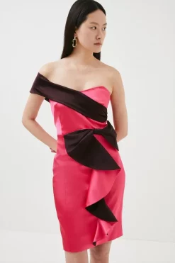 Promo 🔥 Karen Millen Italian Structured Satin Contrast Bow Mini 👗 Dress ⌛ -OCCASION DRESSES Sale2023 womens pink italian structured satin contrast bow mini dress