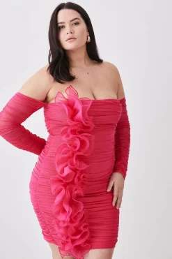 Hot Sale 🧨 Karen Millen Plus Size Ponte Mesh Rouched Organza Frill Bardot Mini 👗 Dress 🎉 -OCCASION DRESSES Sale2023 womens pink plus size ponte mesh rouched organza frill bardot mini dress
