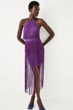 Discount 🧨 Karen Millen Fringed Ponte Detail Halter Neck Mini 👗 Dress 🤩 -OCCASION DRESSES Sale2023 womens purple fringed ponte detail halter neck mini dress