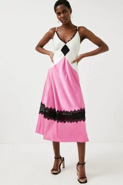 Best Sale ✨ Karen Millen 🔨 Hammered Satin & Lace Woven Slip 👗 Dress 😉 -OCCASION DRESSES Sale2023 womens purple hammered satin lace woven slip dress