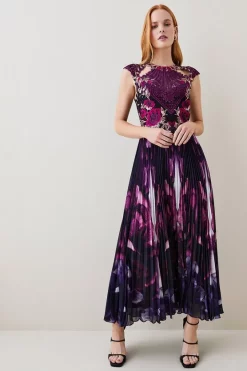 Promo 🎉 Karen Millen Metallic Guipure Lace Mirrored Pleat Midi 👗 Dress ❤️ -OCCASION DRESSES Sale2023 womens purple metallic guipure lace mirrored pleat midi dress