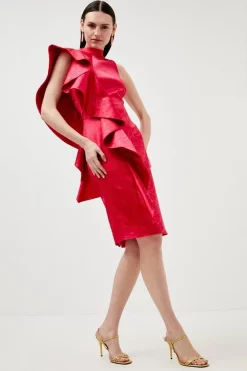 Flash Sale 🎁 Karen Millen Italian Structured Satin Embossed Ruffle Midi 👗 Dress 🥰 -OCCASION DRESSES Sale2023 womens raspberry italian structured satin embossed ruffle midi dress