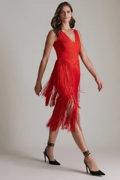 Deals ✔️ Karen Millen Bandage Knit Fringe Tiered Midi 👗 Dress 👍 -OCCASION DRESSES Sale2023 womens red bandage knit fringe tiered midi dress