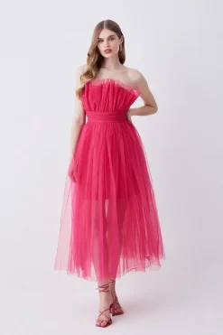 Best Pirce 🤩 Karen Millen Corseted Tulle Woven Midi 👗 Dress 🛒 -OCCASION DRESSES Sale2023 womens rose corseted tulle woven midi dress 1