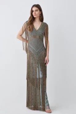Best deal 🥰 Karen Millen Beaded Fringed Woven Maxi 👗 Dress 😉 -OCCASION DRESSES Sale2023 womens sage beaded fringed woven maxi dress