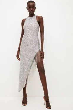 Wholesale 😉 Karen Millen Asymmetric Hem Fringe Hater Midi 👗 Dress ✔️ -OCCASION DRESSES Sale2023 womens silver asymmetric hem fringe hater midi dress 1