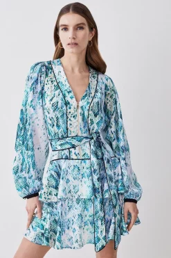 Flash Sale 🎉 Karen Millen Soft Snake Satin Piped Tiered Belted Mini 👗 Dress 🎁 -OCCASION DRESSES Sale2023 womens snake soft snake satin piped tiered belted mini dress
