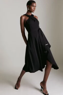 Promo 🎁 Karen Millen Soft Tailored Cross Neck Midi 👗 Dress 🥰 -OCCASION DRESSES Sale2023 womens tan soft tailored cross neck midi dress 1