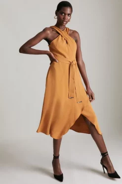 Promo 🎁 Karen Millen Soft Tailored Cross Neck Midi 👗 Dress 🥰 -OCCASION DRESSES Sale2023 womens tan soft tailored cross neck midi dress