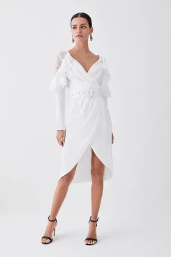 Discount 🎉 Karen Millen Petite Satin And Lace Ruffle Woven Midi 👗 Dress 😍 -OCCASION DRESSES Sale2023 womens white petite satin and lace ruffle woven midi dress