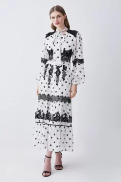 Best Sale 🥰 Karen Millen Polka Dot Mix Lace & Embroidery Maxi 👗 Dress 🎁 -OCCASION DRESSES Sale2023 womens white polka dot mix lace embroidery maxi dress